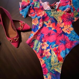 NWOT - Vibrant Floral Butterfly Sleeve One-Piece Swimsuit Size XL or 14